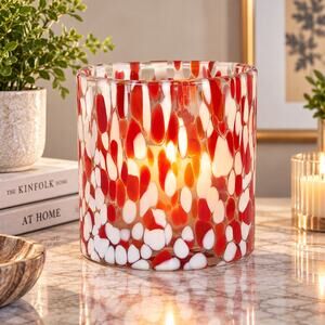Crate & Barrel Red Speckled Glass Hurricane Candle Holder Confetti Art Glass
